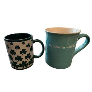Two Ceramic Coffee Mugs - Shamrock Design & "Believe In Yourself" Quote - Green
